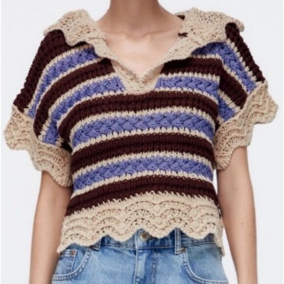 Zara Sweater Crochet Stripe Knit Short Sleeve Hooded V Neck Top Tan Blue Small - Picture 2 of 10